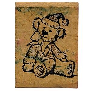 VTG 80s All Night Media Christmas Teddy Bear Rubber Stamp Santa Hat Wood Mounted